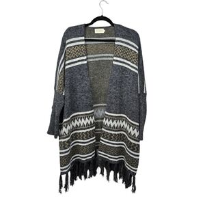 DREAMERS Boho Fringe‎ Western Oversized Sweater Cardigan Gray Womens Size S/M